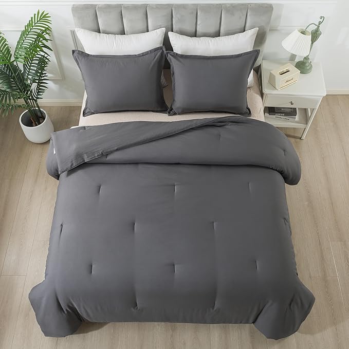 Dark Gray Comforter Set Full, Solid Grey Down Alternative Bedding Comforter Set, Breathable Fluffy Microfiber Comforter Full Size (79"x90") for All Seasons with Pillowcase