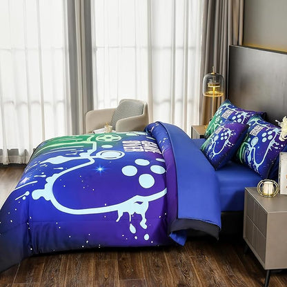 DORCAS Gamer Comforter Set with Sheets for Boys,Twin Size Gamer Bedding Set Boys,6 Pieces Graffiti Green Gaming Comforter Set for Boys Kids Teens(Green&Blue, Twin)