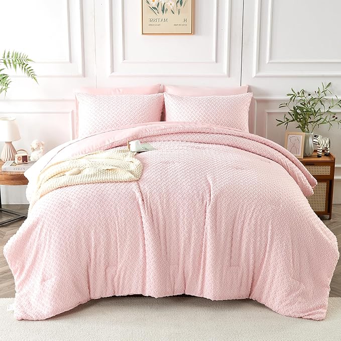 Queen Size Tufted Kids Comforter Set 7 Piece Pink Jacquard Tufts Embroidery Bedding Set for Boys Girls Bed in A Bag Quilt with 1 Comforter, 1 Flat Sheet, 1 Fitted Sheet, 2 Pillowcase and 2 Pillow Sham