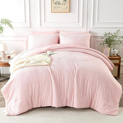 Twin Size Tufted Kids Comforter Set 6 Piece Pink Jacquard Tufts Embroidery Bedding Set for Girls Bed in A Bag Quilt with 1 Comforter, 1 Flat Sheet, 1 Fitted Sheet, 1 Pillowcase and 2 Pillow Sham