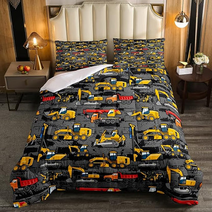 Kids Tractor Bedding Sets For Boys Toddler Twin,Under Construction Trucks Bedding Comforter Set,Equipment Excavator Bedding Cartoon Vehicle Cars Bed Set For Child Room Decor Yellow Dark Grey 2 Pcs