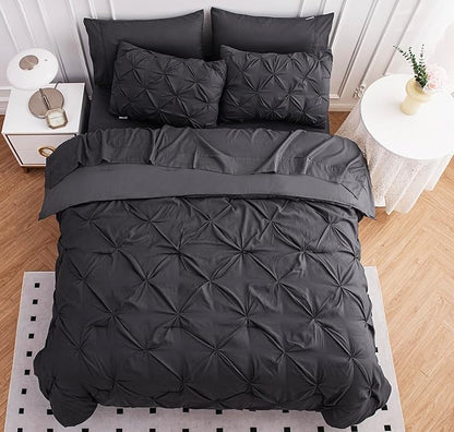 LANE LINEN Full Size Comforter Sets, 7 Piece Bed in a Bag Full Size, Soft Full Size Bedding Sets, Pintuck Comforter Sets Full Size, Full Size Bed Comforter Set with Sheets, Pillowcases & Shams - Grey