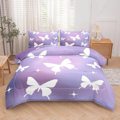 Tailor Shop Butterfly Comforter Sets Queen Size,Purple Butterfly Bedding Sets for Girls Kids Teens with 2 Pillowcase…