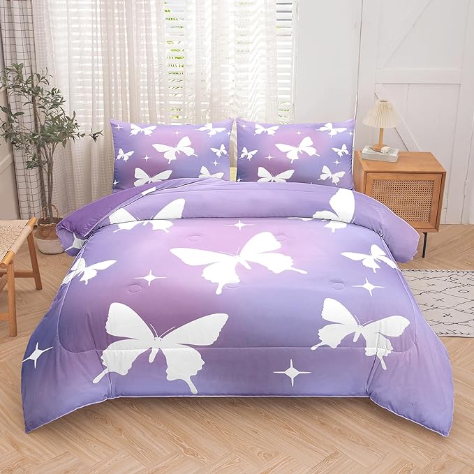 Tailor Shop Butterfly Comforter Sets King Size,Purple Butterfly Bedding Sets for Girls Kids Teens with 2 Pillowcase…