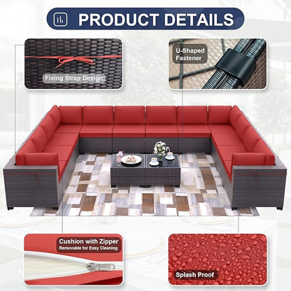 Patio Furniture Set 14-Pieces Outdoor Furniture for Backyard Wicker Sectional Sofa Set, Rattan Patio Conversation Set with Thickened Cushions and Glass Coffee Table, Red