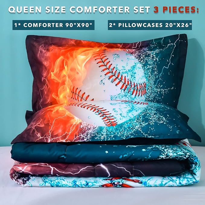 Andency Baseball Comforter Set Queen(90x90 Inch), 3 Pieces(1 Baseball Comforter, 2 Pillowcases) Sport Microfiber Comforter Set Bedding Set for Kids Boys Teens