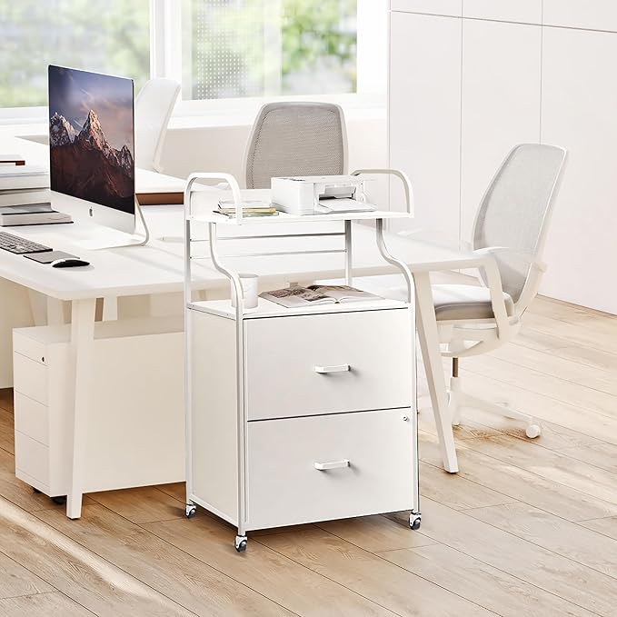 Vertical File Cabinet, 2 Drawer Mobile Filing Cabinet with 1 Bookshelf, Printer Stand with Open Storage Shelves Fits A4/Letter/Legal Size File Cabinets for Home Office Organizer, White