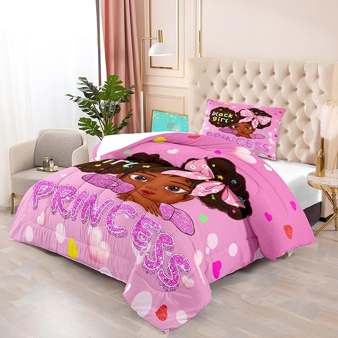 Black African American Girls Twin - Black Girls Comforter Set for Girls Bedroom Pink Princess Room Decor Kids Twin Bedding Sets for Girls, Twin (1 Comforter 1 Pillowcase)