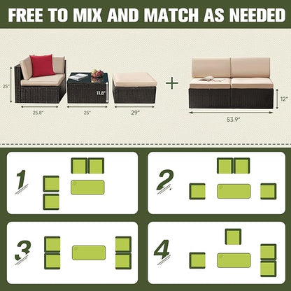 Greesum 2 Piece Patio Conversation Set Wicker Rattan Furniture Outdoor Sofa with Cushions,Pillows and Glass Table for Porch,Lawn and Yard, Beige