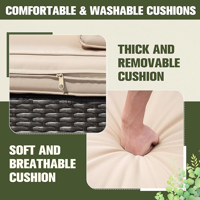 Greesum 2 Piece Patio Conversation Set Wicker Rattan Furniture Outdoor Sofa with Cushions,Pillows and Glass Table for Porch,Lawn and Yard, Beige