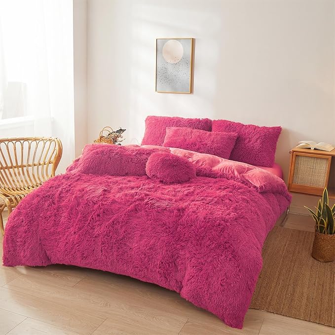 Fluffy hot pink comforters Cover twin size - Ultra Soft Plush hot pink bedding Sets 2 Pieces (1 faux fur comforter Cover + 1 fuzzy pillow case) girls shaggy hot pink twin bed set (Hot Pink, Twin)