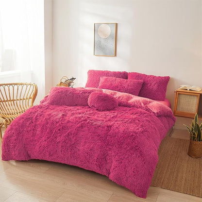 Fluffy Faux Fur hot pink Comforter Cover Set Queen - Ultra Soft Plush hot pink Bedding Sets 3 Pieces (1 fluffy duvet cover + 2 Faux Fur Pillow case) Cute hot pink Bed Set (Hot pink, Queen)
