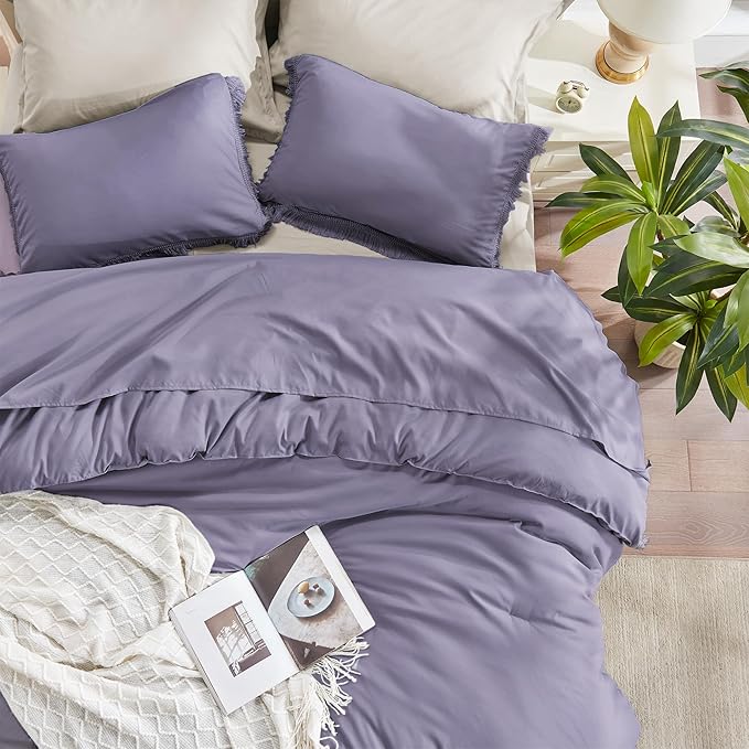 Andency Grayish Lavender Purple Comforter Set Queen, Boho Tassel Lightweight Bedding Comforter Sets, 3 Pieces All Season Soft Fluffy Fringe Bed Set (90x90In Comforter & 2 Pillowcases)