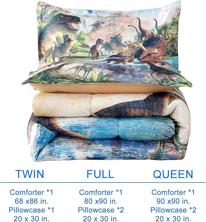 WINLIFE Dinosaur Comforter Set Queen Kids Dinosaur Bedding Set Jurassic Jungle Dino Comforter Sets for Boys Teens, Lightweight Easy Care Bed Linen Set (3 Pieces, Queen)