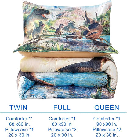 WINLIFE Dinosaur Comforter Set Queen Kids Dinosaur Bedding Set Jurassic Jungle Dino Comforter Sets for Boys Teens, Lightweight Easy Care Bed Linen Set (3 Pieces, Queen)