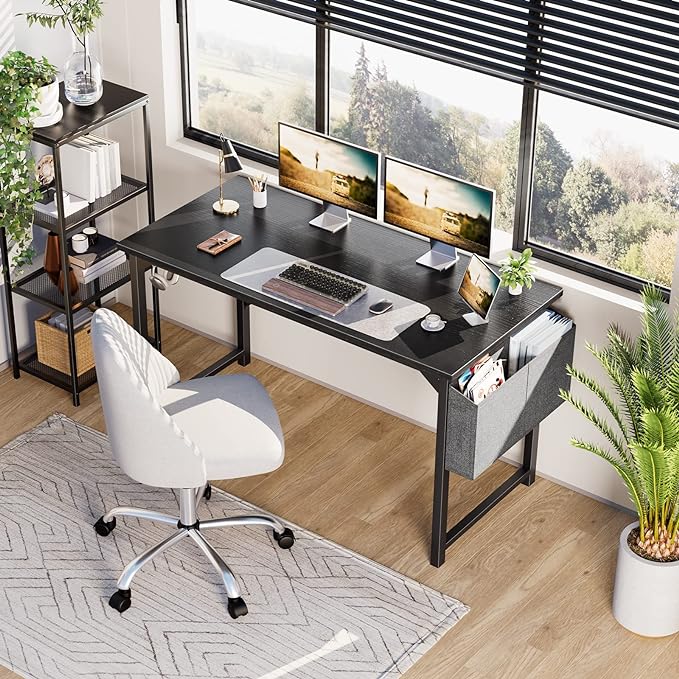 OLIXIS Computer Desk 55 Inch Home Office Work Study Writing Student Kids Bedroom Wood Modern Simple 2 Person PC Table with Storage Bag & Headphone Hooks, Black