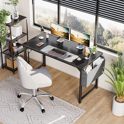 OLIXIS Computer Desk 55 Inch Home Office Work Study Writing Student Kids Bedroom Wood Modern Simple 2 Person PC Table with Storage Bag & Headphone Hooks, Black
