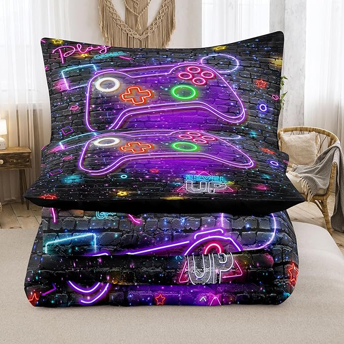 NINENINE Gaming Comforter Gamer Bedding Sets for Boys,6PCS Full Size Bedding Sets for Boys,Bed in A Bag Gamer Comforter Sets(1Comforter,1Flat Sheet,1Fitted Sheet,1Cushion Cover,2Pillowcases)…