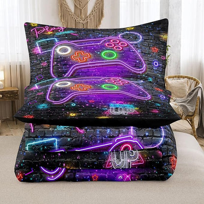 NINENINE Gaming Comforter Gamer Bedding Sets for Boys,6PCS Full Size Bedding Sets for Boys,Bed in A Bag Gamer Comforter Sets(1Comforter,1Flat Sheet,1Fitted Sheet,1Cushion Cover,2Pillowcases)…