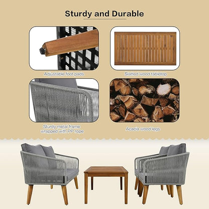 4-Piece, Outdoor Furniture with Loveseat, 2 Chairs and Table, Patio Conversation Set Deep Seating with Thick Backyard Porch Balcony, Zh-Dark Grey Cushion + Grey Rope