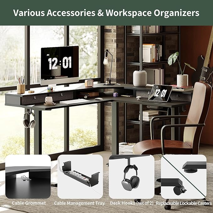 FEZIBO 63" L Shaped Standing Desk with 4 Drawers, Electric Standing Gaming Desk Adjustable Height, Corner Stand up Desk with Splice Board, Black Frame/Black Top