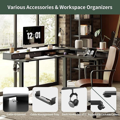 FEZIBO 63" L Shaped Standing Desk with 4 Drawers, Electric Standing Gaming Desk Adjustable Height, Corner Stand up Desk with Splice Board, Black Frame/Black Top