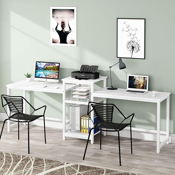 Tribesigns 96.9" Double Computer Desk with Printer Shelf, Extra Long Two Person Desk Workstation with Storage Shelves, Large Office Desk Study Writing Table for Home Office, White