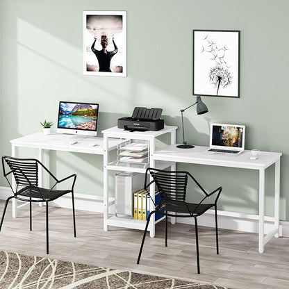 Tribesigns 96.9" Double Computer Desk with Printer Shelf, Extra Long Two Person Desk Workstation with Storage Shelves, Large Office Desk Study Writing Table for Home Office, White