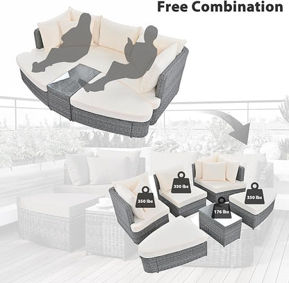 6-Piece Patio Round Sofa Set Rattan Daybed with Coffee Table and Cushions, Outdoor Furniture Conversation Sectional Seating Group for Garden, Poolside, Backyard, Onesize, Beige