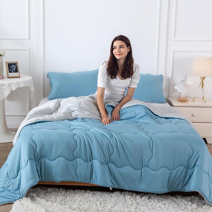 COTTEBED Blue and Grey KING Sized Bed Down Comforters Set, Jersey Knit Milk Cup Dual-Sided Reversible Softness Breathable Lightweight California King Bedding Alternative Quilt & Pillowsham All Seasons