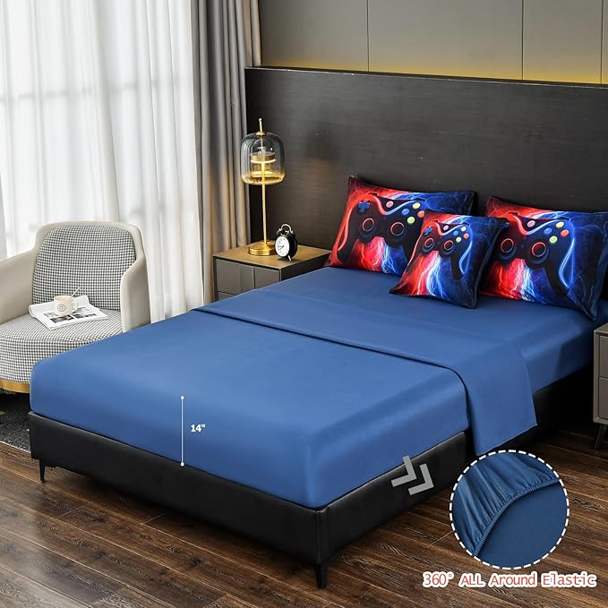 DORCAS Gamer Comforter Sets with Sheets for Boys,Full Size Gamer Bedding Sets Boys,6 Pieces Lightning Gaming Bedding Set for Boys Kids Teens(Red&Blue, Full)