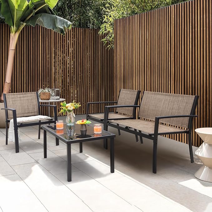 Greesum 4 Pieces Patio Furniture Set Outdoor Conversation Textilene Fabric Chairs for Lawn, Garden, Balcony, Poolside with A Glass Coffee Table, Beige