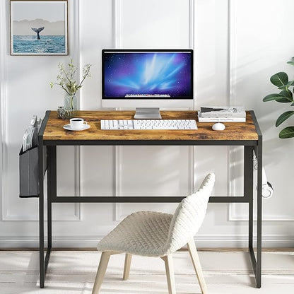 DKLGG Computer Desk 39" Home Office Desk Laptop Study Table Workstation with A Storage Bag and Headphone Hook Retro Industrial Design Small Computer Desk for Teens, Brown