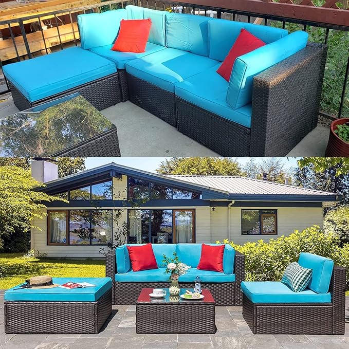 ClawsCover 9Pack Outdoor Seat and Back Cushions Replacement Covers Fit for 5 Pieces 4-Seater Wicker Rattan Patio Conversation Set Sectional Couch Furniture,Turquoise-Include Covers Only