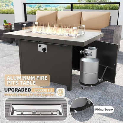 Kullavik 13PCS Outdoor Patio Furniture Set with 43" 55000BTU Gas Propane Fire Pit Table PE Wicker Rattan Sectional Sofa Patio Conversation Sets,Sand