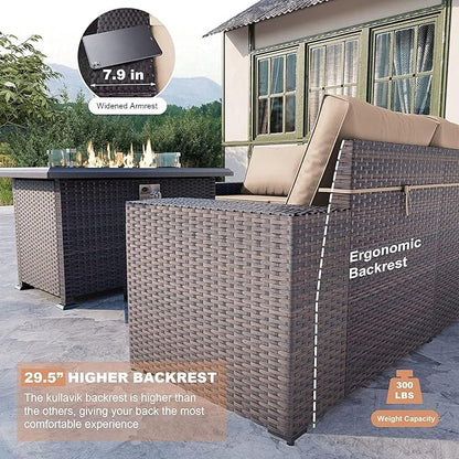 Kullavik 7 Pieces Outdoor Patio Furniture Set with 43" 55000BTU Gas Propane Fire Pit Table PE Wicker Rattan Sectional Sofa Patio Conversation Sets,Khaki
