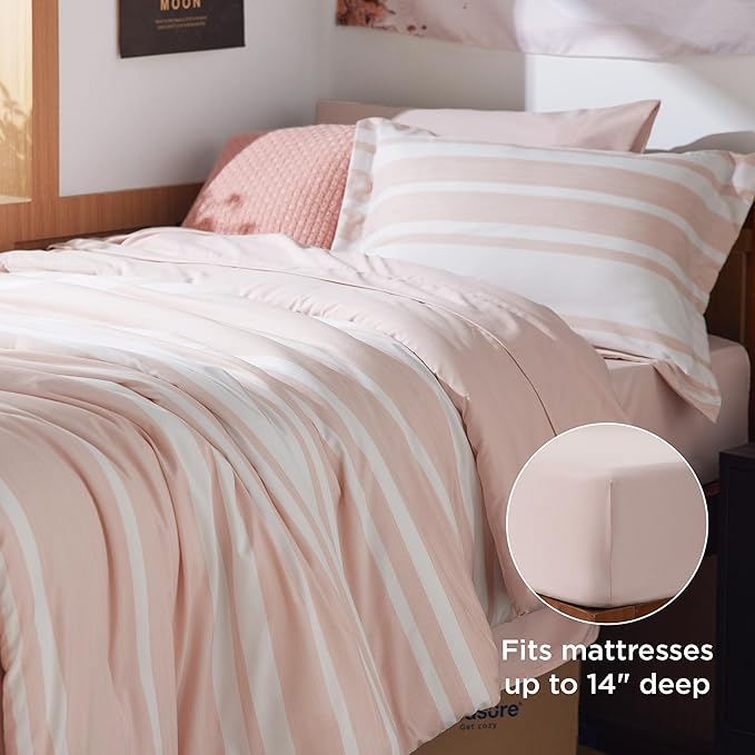 Bedsure Twin XL Comforter Set for College Girls, Pink Striped Bedding Comforter Sets All Season Bed Set with 1 Pillow Sham, Flat Sheet, Fitted Sheet and 1 Pillowcase