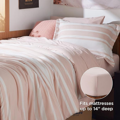 Bedsure Twin XL Comforter Set for College Girls, Pink Striped Bedding Comforter Sets All Season Bed Set with 1 Pillow Sham, Flat Sheet, Fitted Sheet and 1 Pillowcase