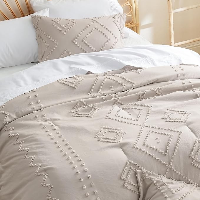 Bedsure Boho Comforter Set Full - Linen Tufted Bedding Comforter Set, 3 Pieces Farmhouse Shabby Chic Embroidery Bedding Set, Soft Geometric Pattern Comforter for All Seasons