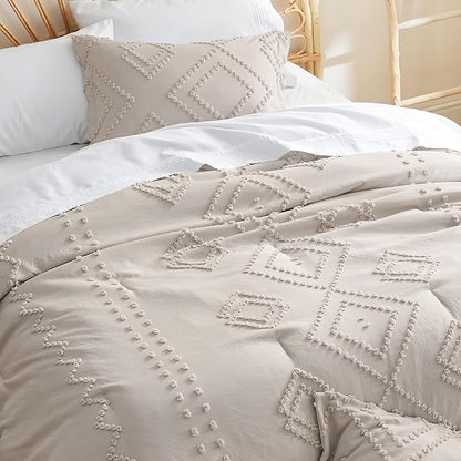 Bedsure Boho Comforter Set Full - Linen Tufted Bedding Comforter Set, 3 Pieces Farmhouse Shabby Chic Embroidery Bedding Set, Soft Geometric Pattern Comforter for All Seasons