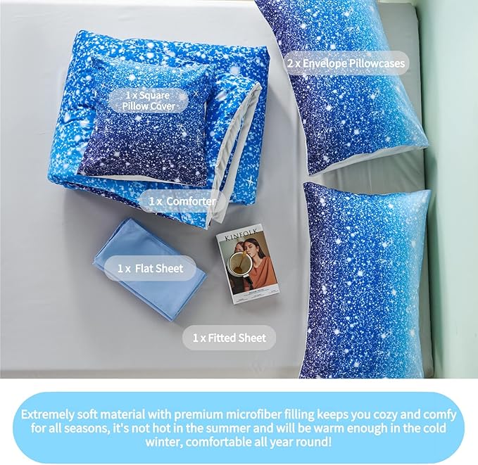 RYNGHIPY 6Pcs Gradient Aqua Blue Navy Ombre Comforter Sets with Sheets Pillowcases, Queen Size Sparkle Glitter Design Comforter Bedding Collections for Kids Boys and Girls