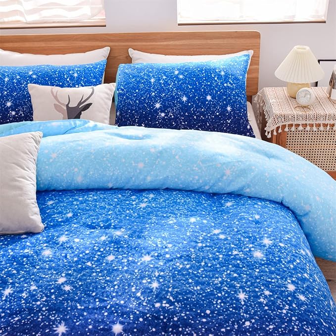 Holawakaka Kids Space Star Galaxy Bedding Comforter Set Twin/Twin XL Size Boys Girls Blue Indigo Ombre Print Gradient Glitter Stars Bed Sets (Blue, Twin)