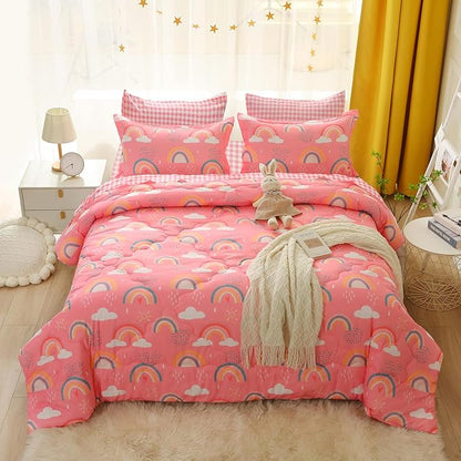 Kids Rainbow Comforter Set for Girls Teens Full Size 7 Piece Cloud Sun Pink Bedding Set 3D Cute Cartoon Love Hearts Bed in a Bag