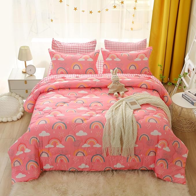 Twin Rainbow Comforter Set for Kids Girls Teens 7 Piece Pink Cloud Sun Pink Bed in a Bag 3D Cute Cartoon Love Hearts Bedding Set