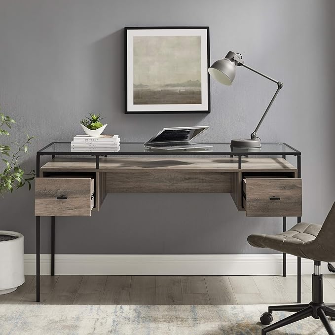 Walker Edison Writing Desk, 56, Glass Top 2 Drawer Computer, 56 Inch, Grey Wash