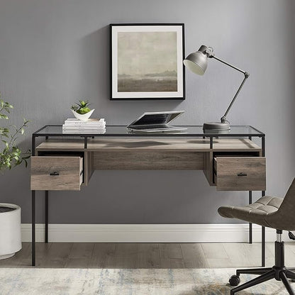 Walker Edison Writing Desk, 56, Glass Top 2 Drawer Computer, 56 Inch, Grey Wash