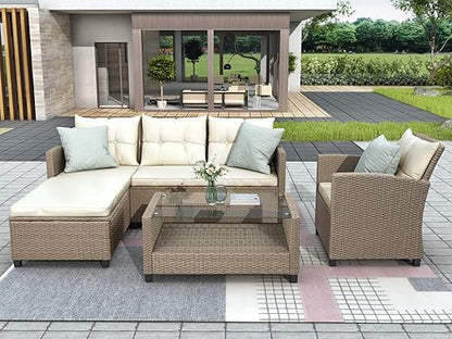 4PCS Patio Furniture Set, Outdoor Wicker Conversation Sectional L-Shaped Sofa with 4 Seater Thickness Coffee Table, for Backyard, Porch, Onesize, E-Beige Cushion+Brown Rattan