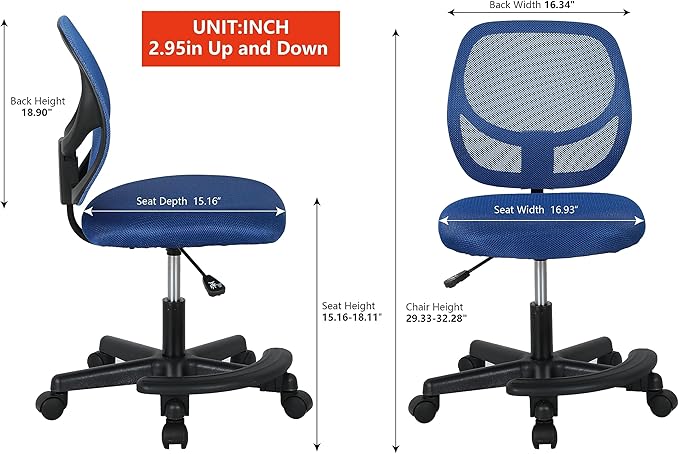 Amazon Basics Kids Adjustable Mesh Low-Back Swivel Study Desk Chair with Footrest, Blue