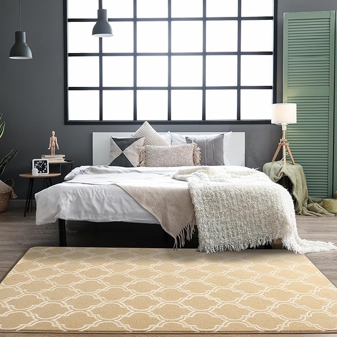 Chicrug Shag Geometric Modern Area Rug for Living Room, 5x7 Feet Large Memory Foam Indoor Carpet, Fluffy Rug for Bedroom Bedside Room Decor for Family Girls Kids Nursery, Beige/White