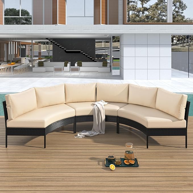3-Piece Half Moon Patio Furniture Set with Cushions, All Weather Rattan Curved Outdoor Sofa Conversation Group Seatings for Balcony Front Porch Backyard Deck Lawn, Beige